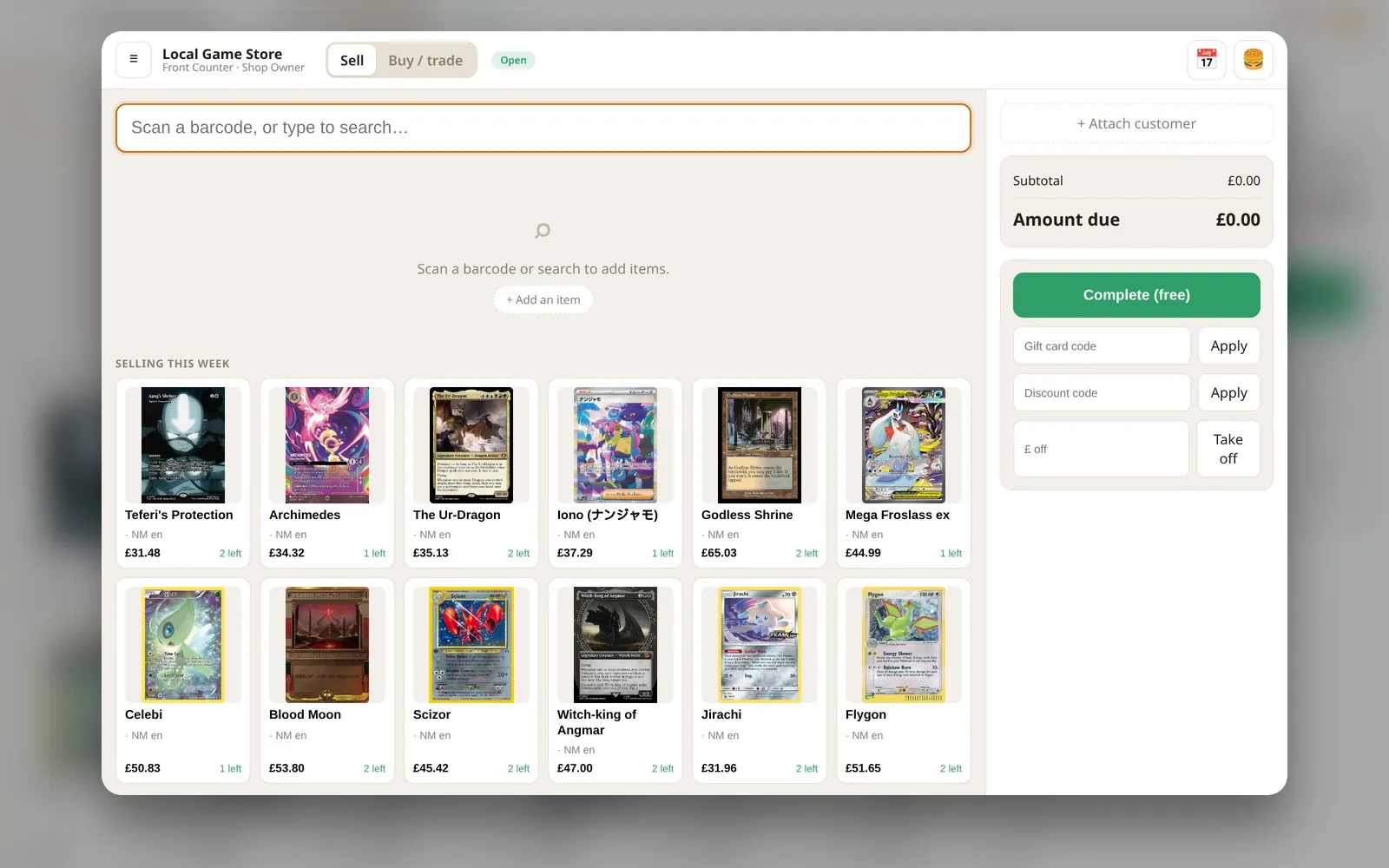 The SetupShop till, showing the cards selling best this week