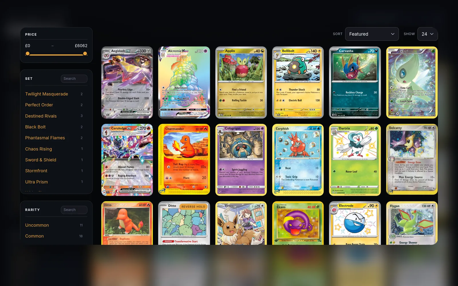 A SetupShop storefront listing Pokémon singles, with set and rarity filters