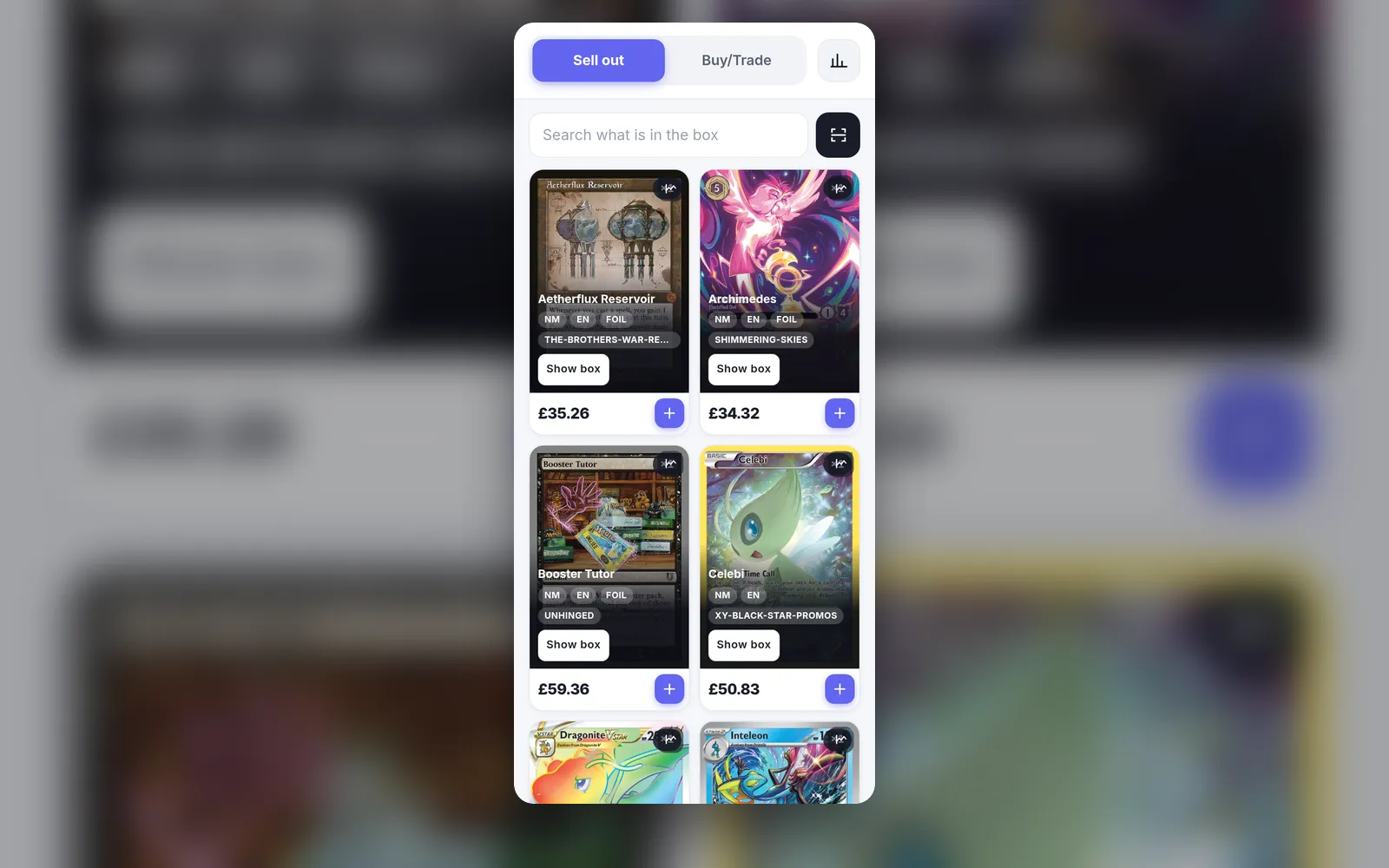 The SetupShop trade show app on a phone, selling cards packed for a show