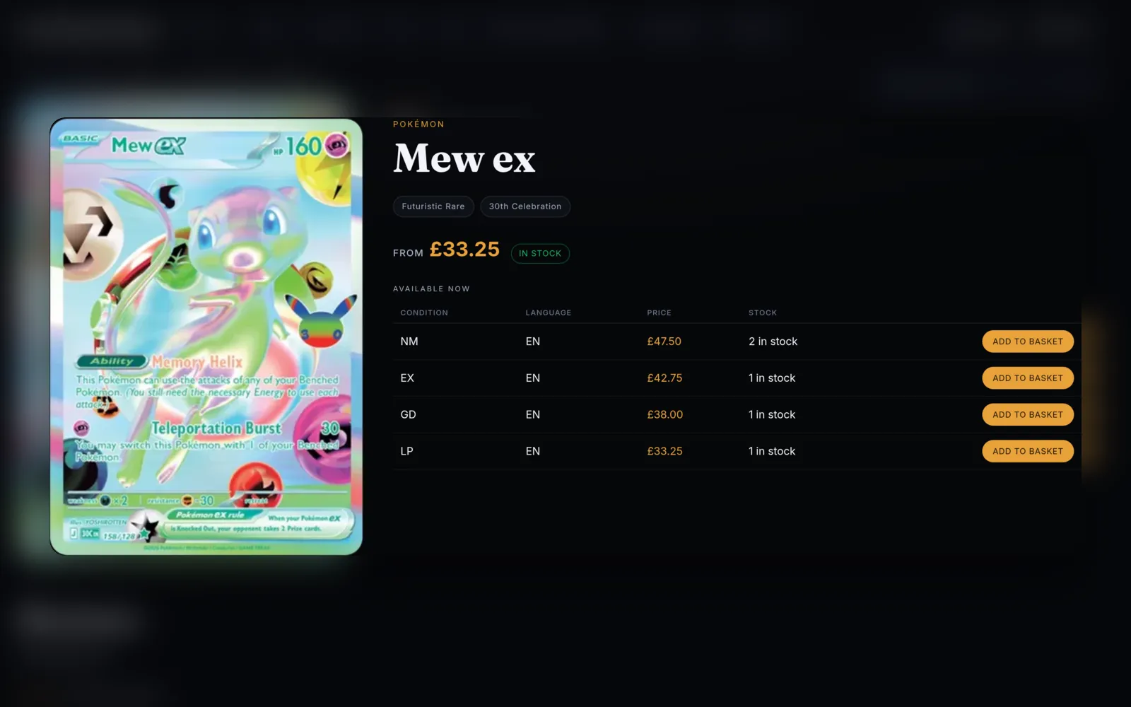 A Futuristic Rare Mew ex on a SetupShop storefront, with Near Mint to Lightly Played copies each at its own price