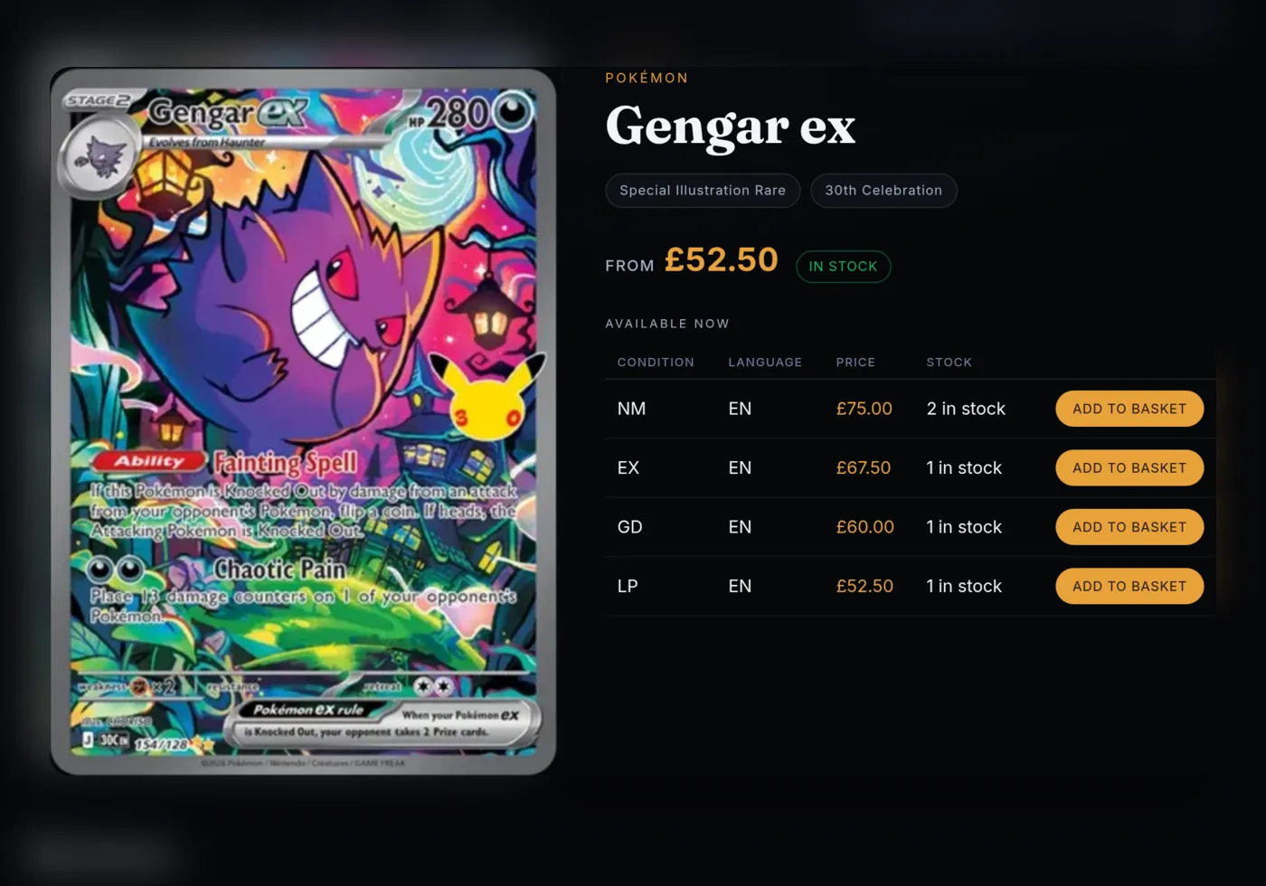 A Special Illustration Rare Gengar ex from Pokémon 30th Celebration on a SetupShop storefront, in four conditions each at its own price